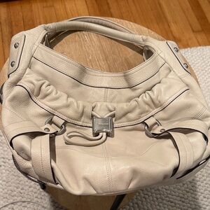 B. Makowsky Cream Pebbled Leather Large Hobo Bag Leopard Lining Silver Hardware
